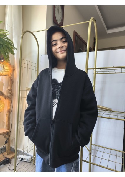 kız Erkek Çocuk Unisex Kapüşonlu Fermuarlı Şardonlu Cepli Rahat % 100 Pamuklu Sweatshirt Hırka Siyah