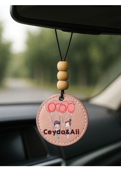 Kişiye Özel Isim Yazılı 1.sınıf Deri Ahşap Dekorlu Dikiz Aynası Süsü Pudra Pembe - Saf Aşk