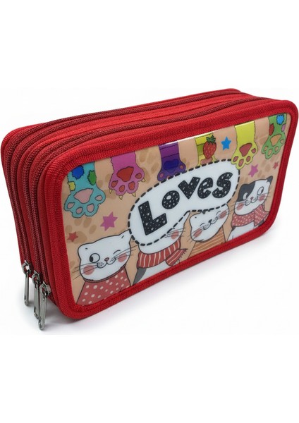 Üç Gözlü Lastikli Kalemlik Loves Kırmızı