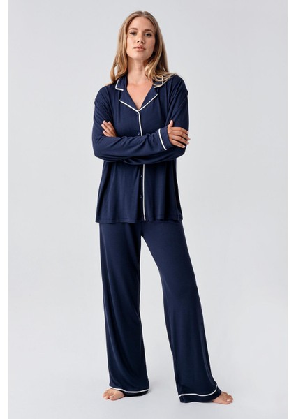 Uzun Kollu Düğmeli Esnek Viskoz Pijama Takım 18207