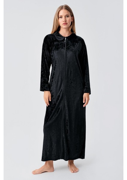 Uzun Kollu Fermuarlı Cepli Esnek Viskoz Kadife Elbise modelleri