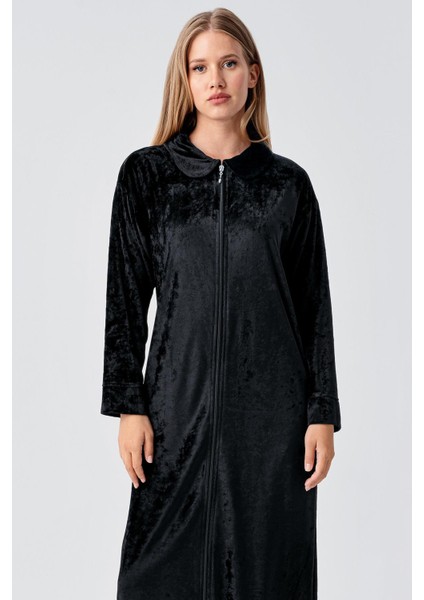 Uzun Kollu Fermuarlı Cepli Esnek Viskoz Kadife Elbise fırsatları