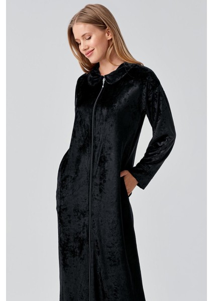 Uzun Kollu Fermuarlı Cepli Esnek Viskoz Kadife Elbise indirimleri