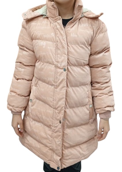 Kız Çocuk Yazı Desenli Kapüşonu Çıkabilen Içi Peluş Astarlı Pudra Renk Midi Boy Mont