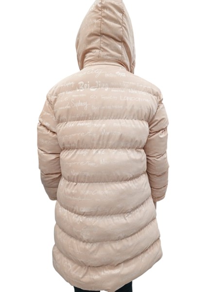 Kız Çocuk Yazı Desenli Kapüşonu Çıkabilen Içi Peluş Astarlı Pudra Renk Midi Boy Mont fiyatları