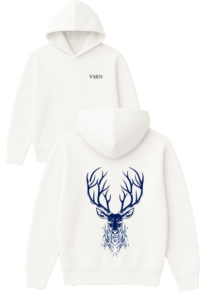 Alageyik Tasarım Baskılı Oversize Beyaz Kapüşonlu Sweatshirt