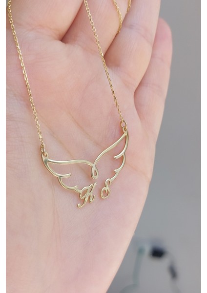 925 Ayar Gümüş 24 Ayar Altın Kaplama Kanatlı Harf Kolye