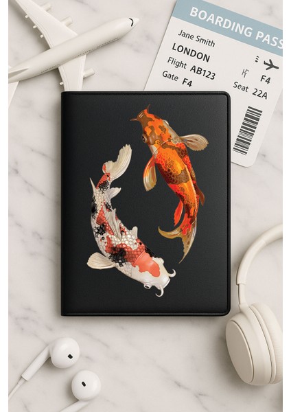 Tüm Ülke Pasaportları Için Siyah Vinleks Deri Pasaport Kılıfı Kabı Koi Balığı