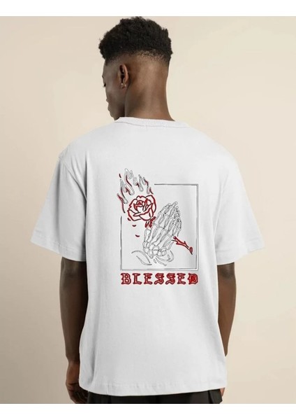 Unisex Bisiklet Yaka Oversize Baskılı T-Shirt - Beyaz fiyatları