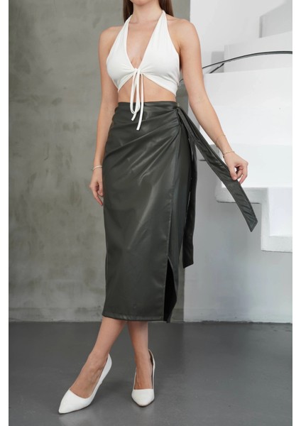 Kuşaklı Uzun Deri Etek Haki H26414