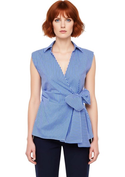 Kadın Gömlek Yaka Çizgili Bluz Kolsuz Anvelop Kesim ve Bağlama Detaylı Şıklık Kaliteli Şık