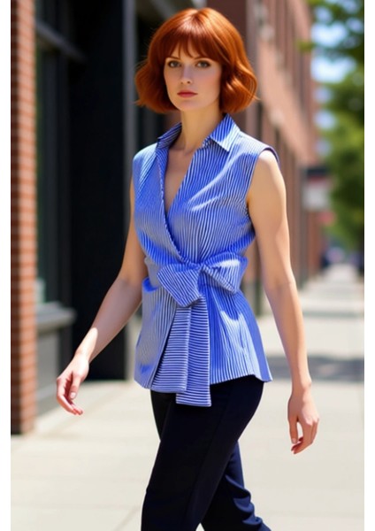 Kadın Gömlek Yaka Çizgili Bluz Kolsuz Anvelop Kesim ve Bağlama Detaylı Şıklık Kaliteli Şık modelleri