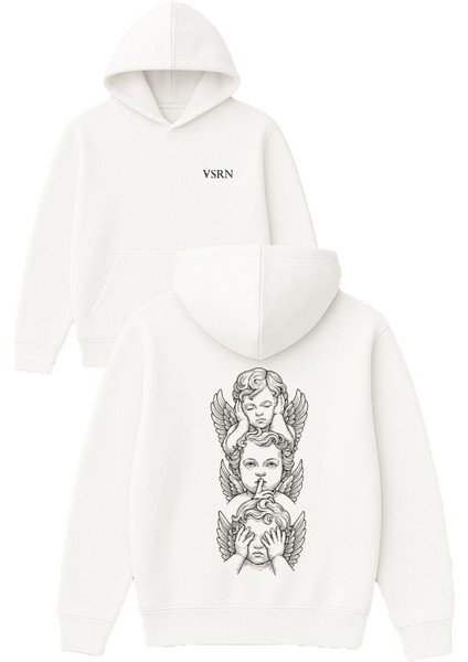 3 Melek Tasarım Baskılı Oversize Beyaz Kapüşonlu Sweatshirt