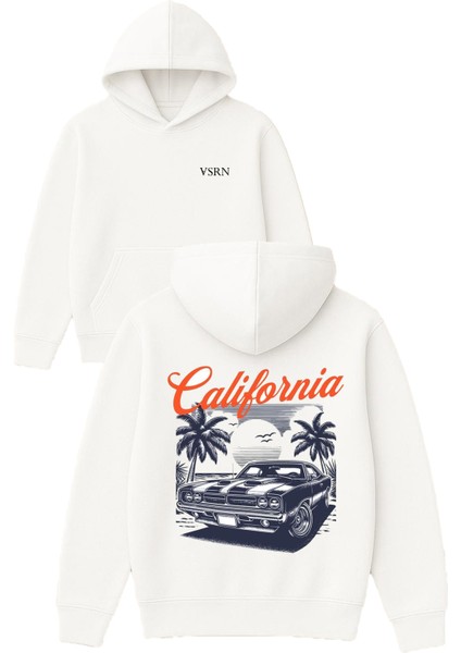 California Palmiye Tasarım Baskılı Oversize Beyaz Kapüşonlu Sweatshirt