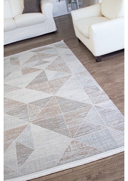 Gri Bej Polyester Halı Antibakteriyel Tozumaz Saçaklı Salon Oturma Çocuk Odası Yolluk Makine