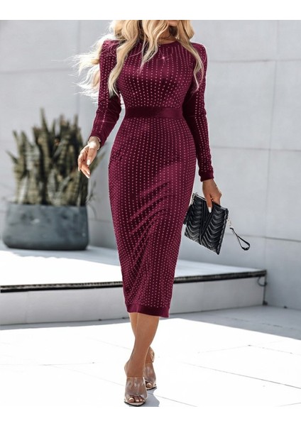 Kadın Uzun Kollu Bisiklet Yaka Taşlı Midi Kadife Elbise