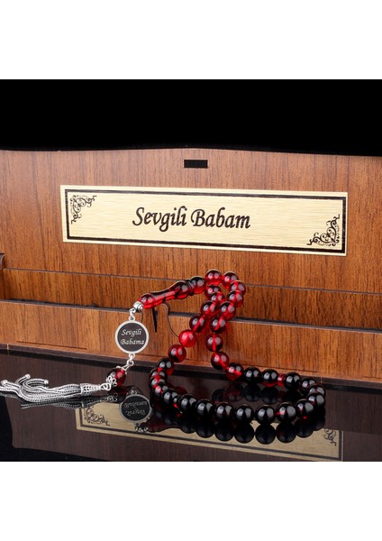 Gümüş Püsküllü Sevgili Babam Yazılı Ahşap Kutulu Ateş Kehribar Tesbih