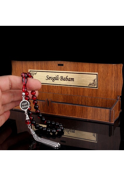 Gümüş Püsküllü Sevgili Babam Yazılı Ahşap Kutulu Ateş Kehribar Tesbih modelleri