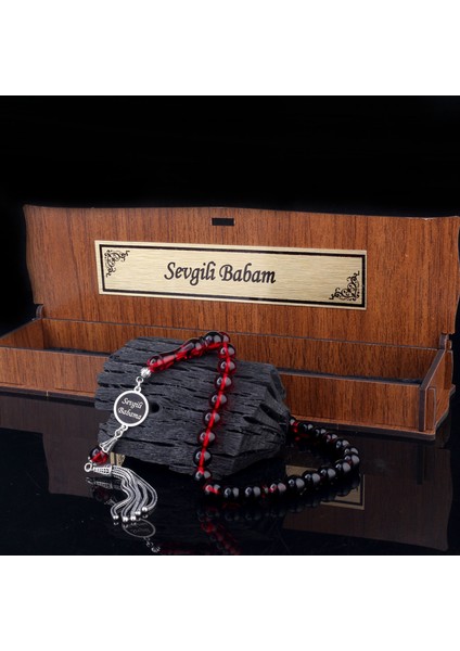 Gümüş Püsküllü Sevgili Babam Yazılı Ahşap Kutulu Ateş Kehribar Tesbih fırsatları
