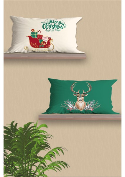 2'li Dikdörtgen Yılbaşı Desenli Çift Taraf Baskı, Yastık Kılıfı, Kırlent Kılıfı, Fermuarlı