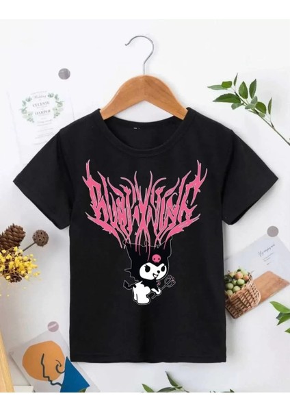 Kız Çocuk Bisiklet Yaka Baskılı T-Shirt - Siyah