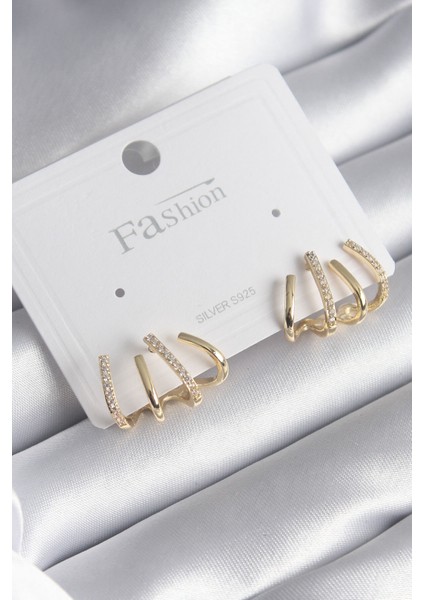 Pirinç Gümüş Renk Zirkon Taşlı Çatal Model Kadın Küpe