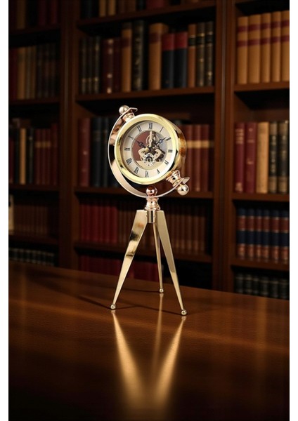 Lüks Pirinç Tripod Kamera Tasarımlı Masa Saati – Altın Renk Şık Dekoratif Saat 30 cm