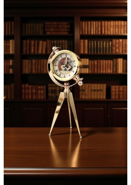 Lüks Pirinç Tripod Kamera Tasarımlı Masa Saati – Altın Renk Şık Dekoratif Saat 30 cm fiyatları