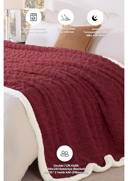 Pufly Jakar Sherpa Battaniye Seti Çift Kişilik 3 Parça Yumuşak Peluş Wellsoft Yatak Örtüsü
