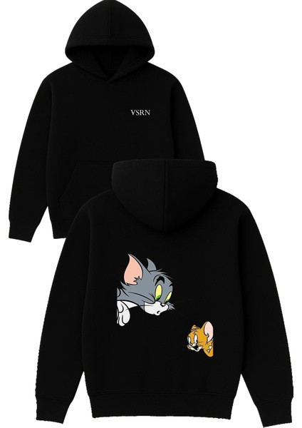 Tom Jery Tasarım Baskılı Oversize Siyah Kapüşonlu Sweatshirt