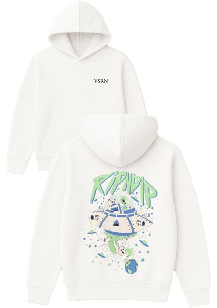 Ripndip Tasarım Baskılı Oversize Beyaz Kapüşonlu Sweatshirt