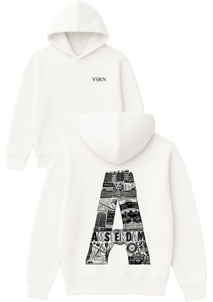 Amsterdam A Tasarım Baskılı Oversize Beyaz Kapüşonlu Sweatshirt