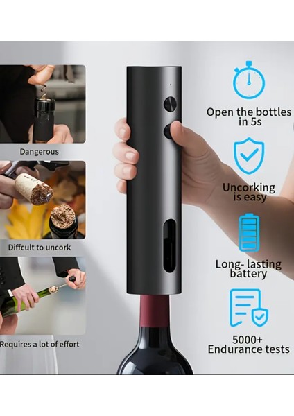 Otomatik Tirbuşon Şarap Şişe Aktarması Vakum Tıkacı ve Saklama Ünitesi ile Şarj Edilebilir Elektrikli Şarap Açacağı Tip-C Şarj ile Çalışan Otomatik Mantar Çözücü