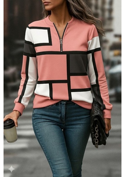 Kadın Uzun Kollu Yakadan Fermuarlı Desenli Şardonlu Dalgıç Bluz modelleri