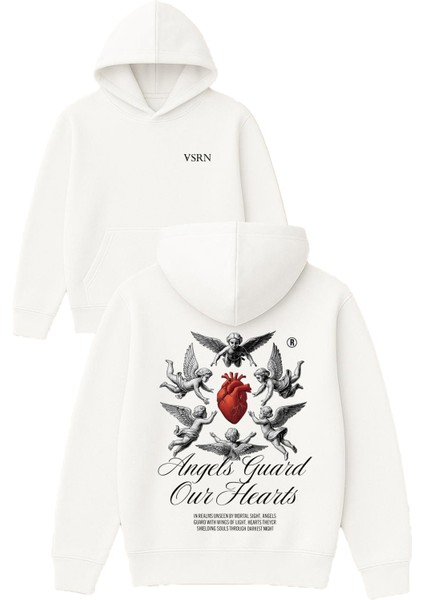 Angels Guard Tasarım Baskılı Oversize Beyaz Kapüşonlu Sweatshirt