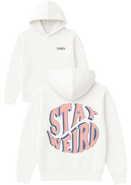 Stay Weırd Tasarım Baskılı Oversize Beyaz Kapüşonlu Sweatshirt