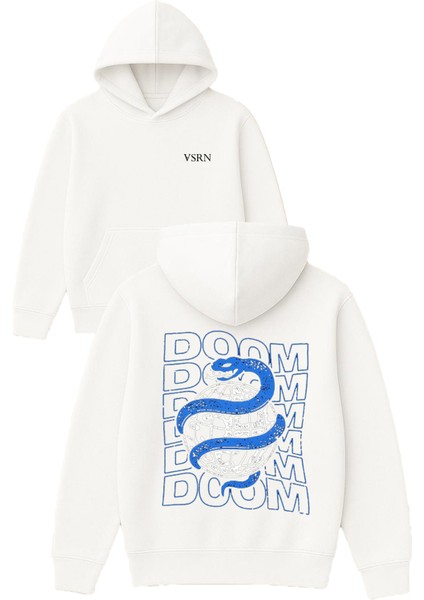 Doom Doom Tasarım Baskılı Oversize Beyaz Kapüşonlu Sweatshirt