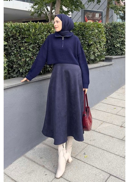 Yaka Fermuarlı Crop Triko Kazak Lacivert