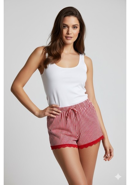 Çizgili Penye Kadın Ev Şortu Bacak Dantel Detaylı Ev Giyim Kırmızı
