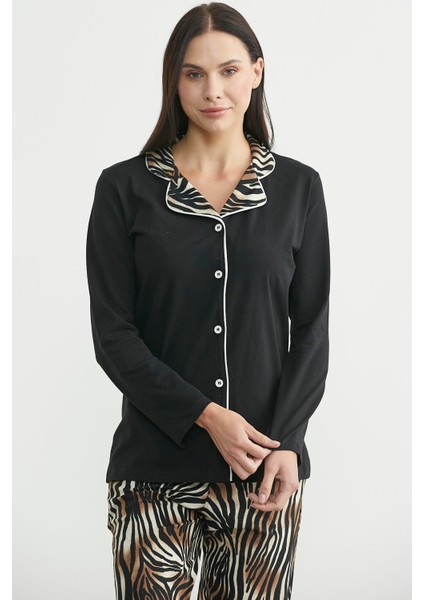 Desen Kombinli Düğmeli Pijama Takım - Siyah