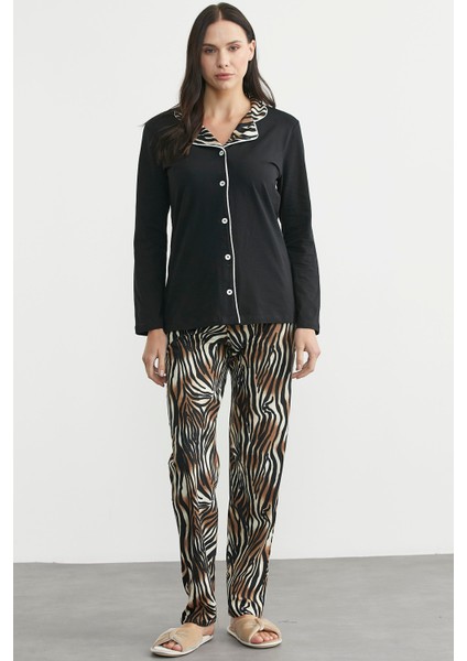 Desen Kombinli Düğmeli Pijama Takım - Siyah fiyatları