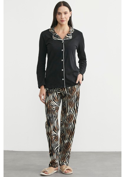 Desen Kombinli Düğmeli Pijama Takım - Siyah modelleri