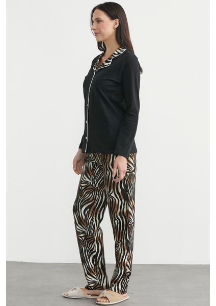 Desen Kombinli Düğmeli Pijama Takım - Siyah fırsatları