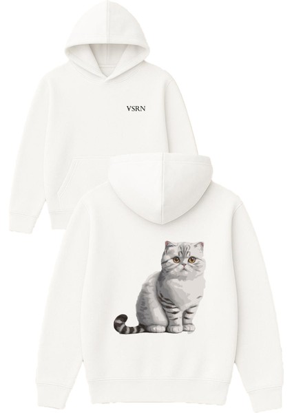 Tatlı Kedi British Tasarım Baskılı Oversize Beyaz Kapüşonlu Sweatshirt