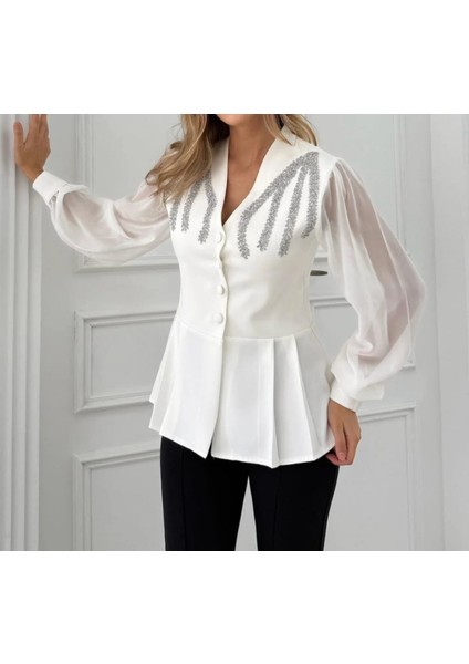 Ekru Taş Detaylı Şık Ceket Bluz