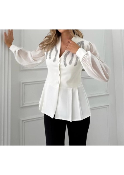 Ekru Taş Detaylı Şık Ceket Bluz fiyatları