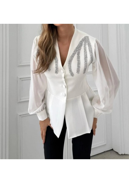 Ekru Taş Detaylı Şık Ceket Bluz modelleri