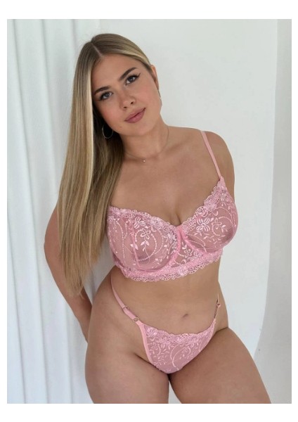 Kadın C Cup Balenli Çiçek Desenli Pudra Sütyen Takımı fiyatları