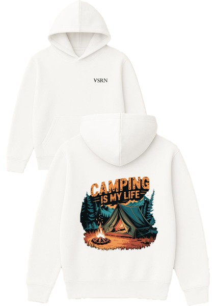 Campıng Is My Life Tasarım Baskılı Oversize Beyaz Kapüşonlu Sweatshirt