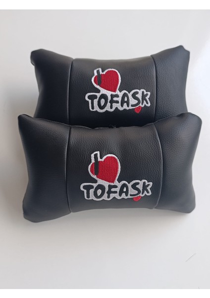 Tofaşk Kırmızı Renk Nakışlı Ortopedik Suni Deri Oto Boyun Yastığı